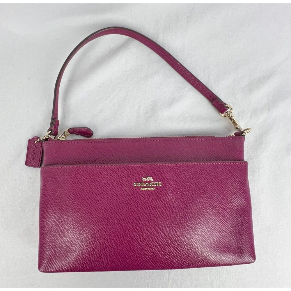 COACH F66182 Wristlet Clutch Berry Pink Polished Pebble Leather Gold Zip